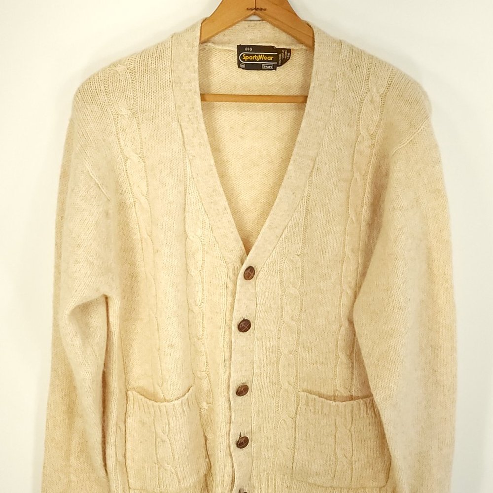 Vtg Sears Big Sportswear Cardigan Sweater Men's 2XL Cream Wool Blend Grandpacore